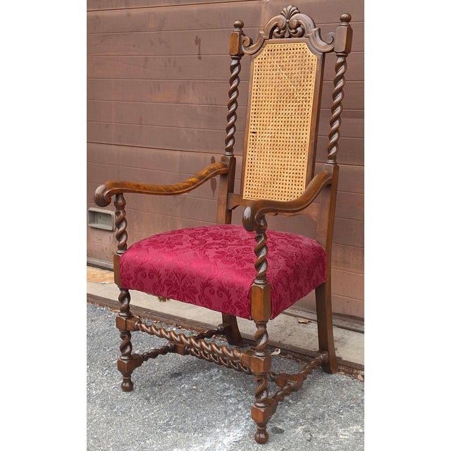 Early 20th Century Early 20th C. Jacobean Style Barley Twist Oak, Cane & Upholstered Seat Armchair For Sale - Image 5 of 9