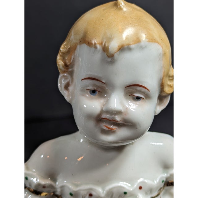 Victorian Antique Victorian Bisque Porcelain Piano Sitting Baby, German Backstamp For Sale - Image 3 of 7