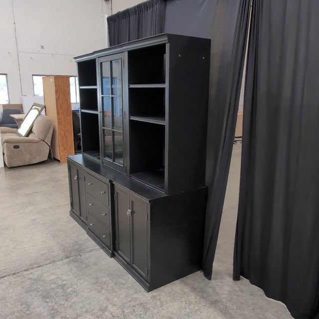 Transitional Pottery Barn Logan 6-Piece Modular Wall Unit With Glass Door Hutch, Black For Sale - Image 3 of 10