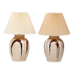 Mid Century Tan Ceramic Drip Glaze Lamps - Pair