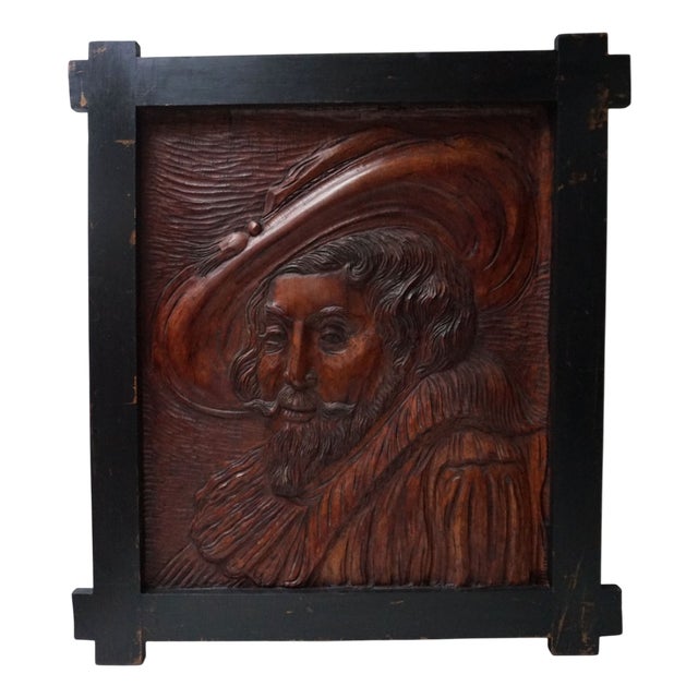 Hand Carved Wooden Bas-Relief Portrait of Peter Paul Rubens, 1950s For Sale