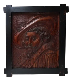 Hand Carved Wooden Bas-Relief Portrait of Peter Paul Rubens, 1950s
