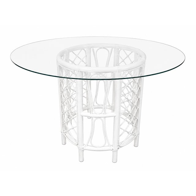 Chippendale Vintage Coastal High-Gloss White Rattan Dining Table with 54" Glass Top For Sale - Image 3 of 6