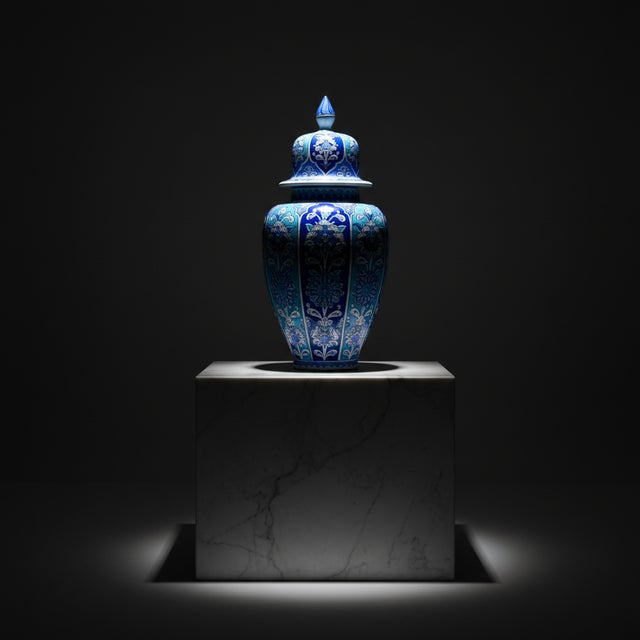 Turquoise Handmade Ceramic Shah Vase (30cm) Turquoise and Dark Blue Vertical Panels Temple Jar For Sale - Image 8 of 8