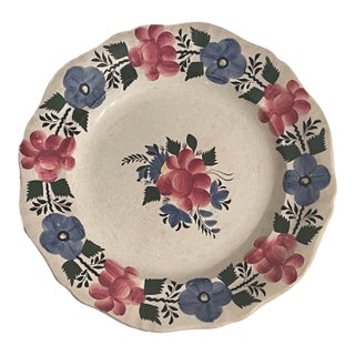 Antique Spongeware Ceramic Plate - Decorative Blue and Pink Floral Border For Sale