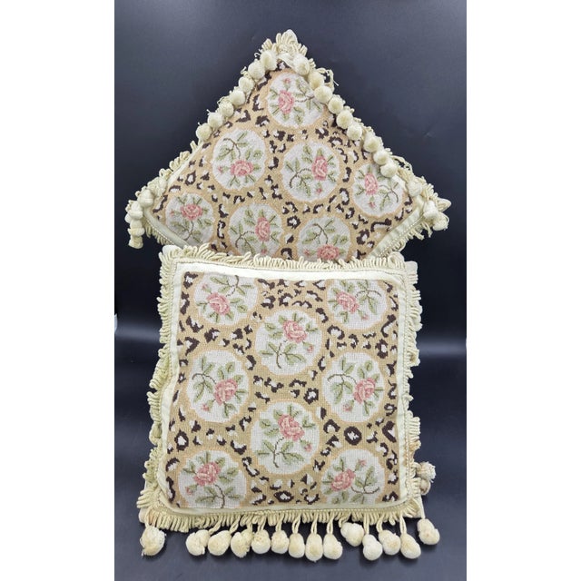 Late 20th Century Artisanal Floral Needlepoint Accent Pillows With Ornate Tassels-Set of 2 For Sale - Image 5 of 18