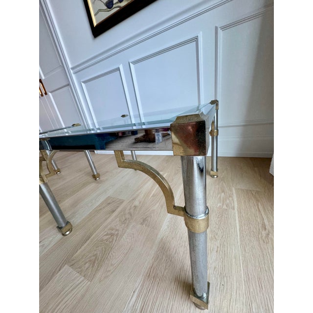Hollywood Regency Pair of 1970s Maison Jansen / Mastercraft Style Chrome and Brass Side Tables With Beveled Glass For Sale - Image 3 of 10
