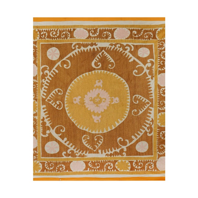 Mid-Century Modern Yellow Brown Suzani Wall Hanging - Tribal Textile For Sale - Image 3 of 12