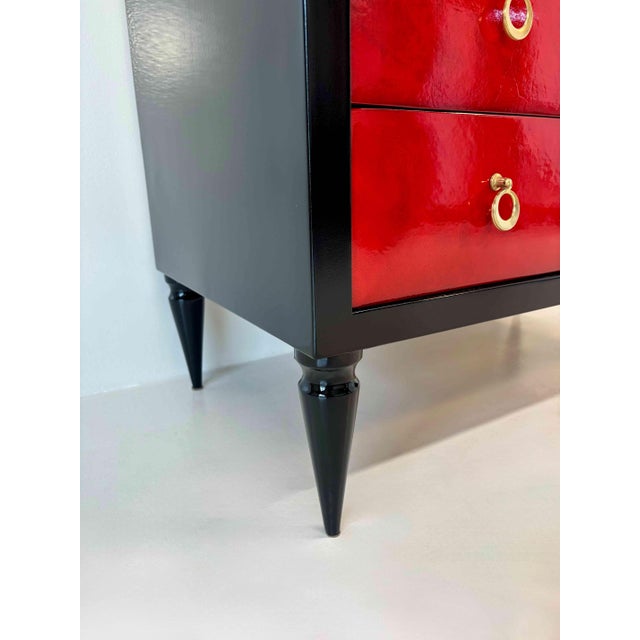 Art Deco Italian Chest of Drawers in Cherry Red Parchment and Black Lacquer, 1950s For Sale - Image 9 of 13