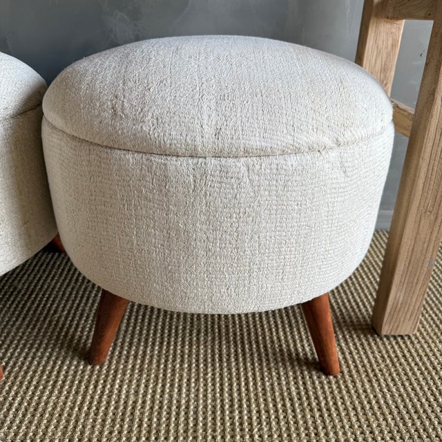 Textile Pair of Off-white Ottomans Made From Vintage Turkish Rugs For Sale - Image 7 of 10