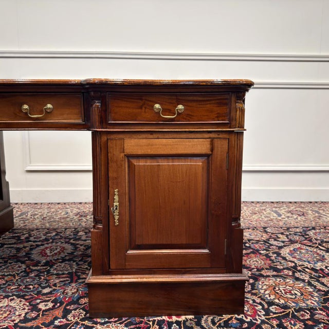 English Partner Desk with Burgundy Leather Top For Sale - Image 11 of 18