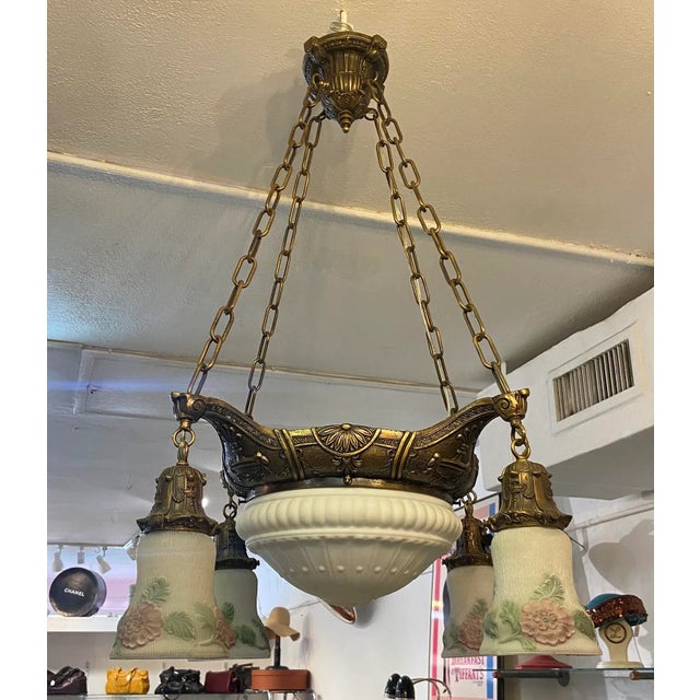 1920s Vintage 1920s Frosted Glass Roses Decoration Cast Brass Fixture Hanging Chandelier For Sale - Image 5 of 11