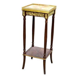 French Louis XVI Square Marble Top Side Table With Hand-Carved Wood Frame, Gold Leaf Accents & Display Shelf For Sale