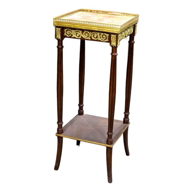 French Louis XVI Square Marble Top Side Table With Hand-Carved Wood Frame, Gold Leaf Accents & Display Shelf For Sale