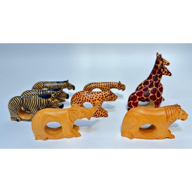 Set of 9 Kenyan Hand-Carved Safari Animal Napkin Rings, African Mahogany A charming and collectible set of nine hand-...