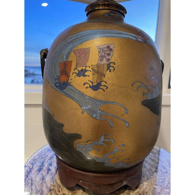 Nautical Early 20th Century Brass Reverse Painted Asian Sail Junk Ship Boat Wave Theme Lamp For Sale - Image 3 of 12