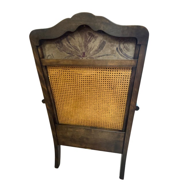 Mid 20th Century Traditional Queen Anne Style Dark Wood Caned Lounge Chair With Floral Velvet Cushions For Sale - Image 5 of 10