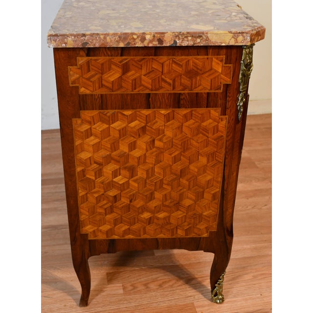 1890 Antique French Louis XV Marquetry Inlay Marble Top Dresser Chest of Drawers For Sale - Image 15 of 18