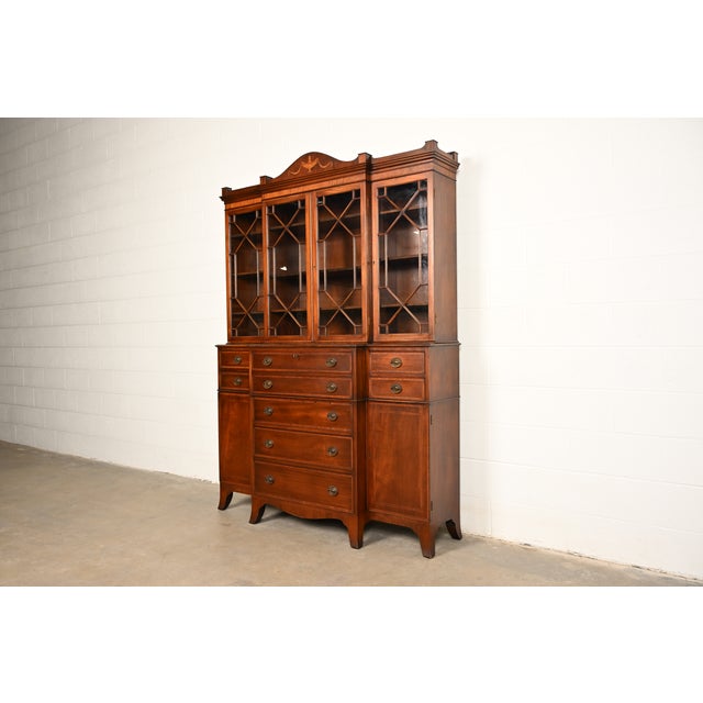 English Baker Furniture Style Federal Carved Mahogany Breakfront Bookcase Cabinet With Secretary Desk, Circa 1940s For Sale - Image 3 of 16