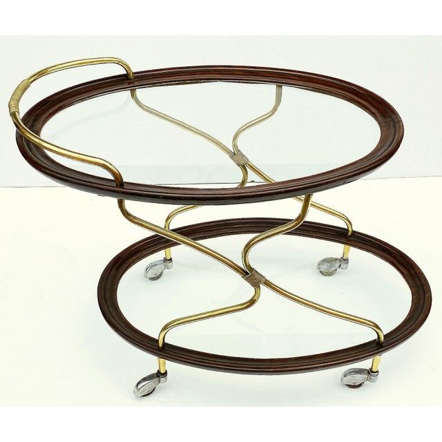 French Oval Drinks Cart of Mahogany and Brass and Glass on Rolling Casters For Sale - Image 12 of 12
