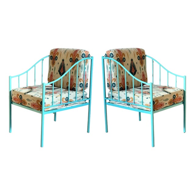Pair of Wrought Iron Turquoise Lounge Chairs with Outdoor Geometrical Fabric For Sale