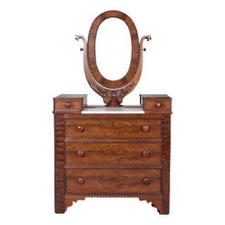 Late 19th Century Flaming Walnut Dresser with Tilting Mirror and Marble Inset For Sale