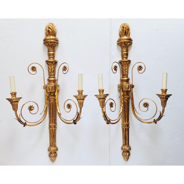 Stunning George III style gilded wood tall wall sconces by renowned Vaughan Lighting company. Based on an 18th century...