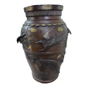 1860s Large Japanese Parcel Gilt High-Relief Dragons and Birds Bronze Vase