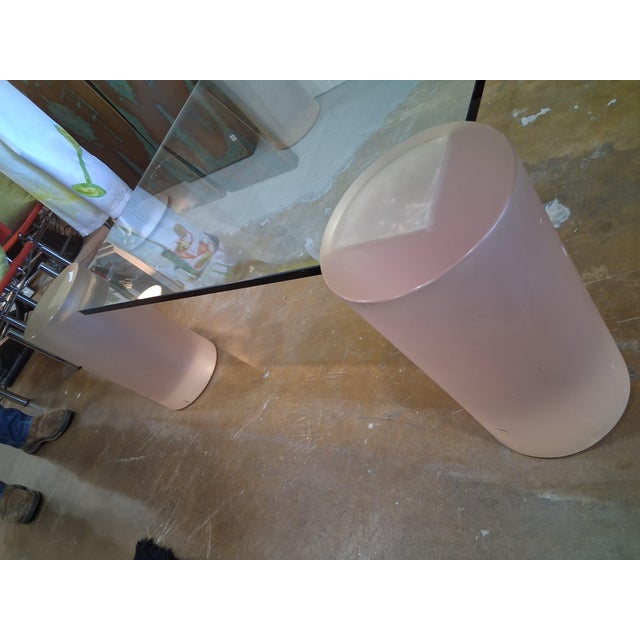 Lucite Coffee Cocktail Table w/ Glass Top A large and impressive coffee cocktail table, having sculptured Lucite column...