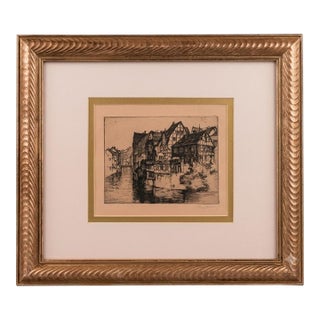 Antique Willi Geiger Etching German Canal Town Signed Wetteroth Print Framed For Sale