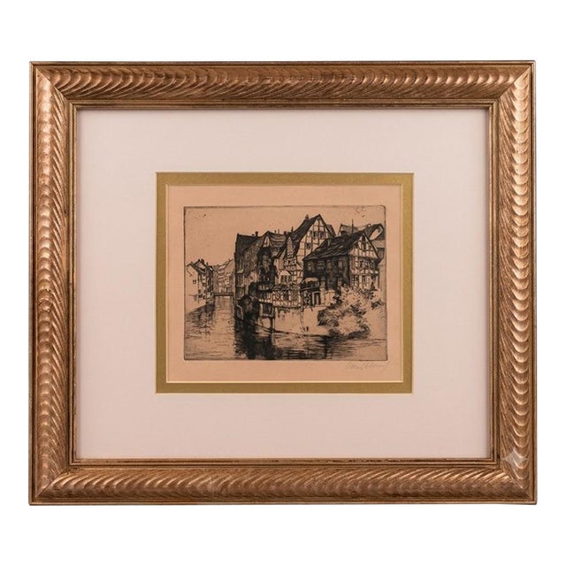 Antique Willi Geiger Etching German Canal Town Signed Wetteroth Print Framed For Sale