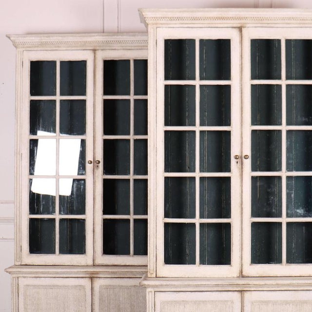 Stunning pair of elegant 19th C Swedish pine painted bookcases. 1860 Adjustable shelving 23.5cm shelf depth (upper)...