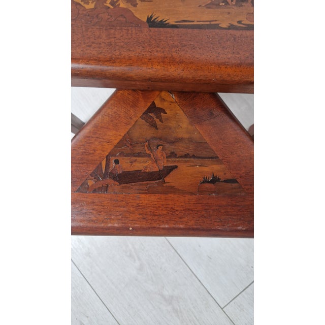 1920s Nesting Tables in Inlaid Wood with Scenes of River Life, 1940s, Set of 4 For Sale - Image 5 of 17