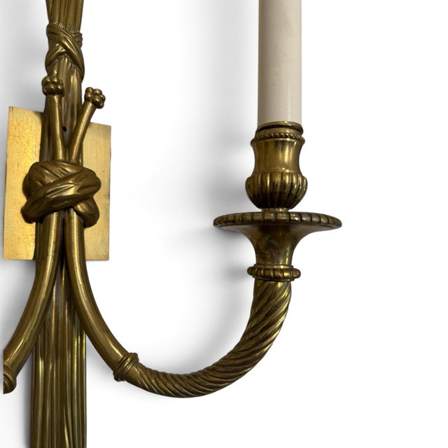 French Mid 20th Century Louis XVI Style Brass Tromp l'Oeil Tassle Sconces- A Pair For Sale - Image 3 of 5