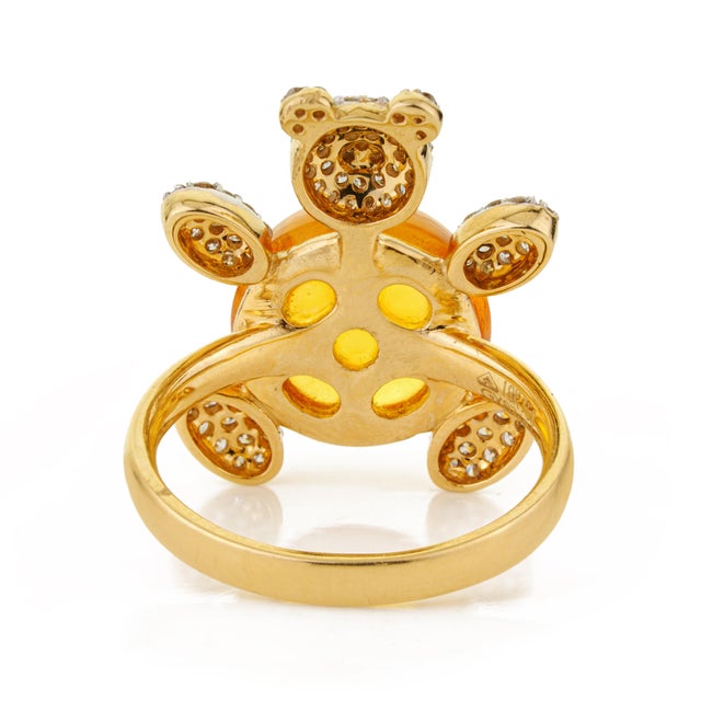 Whimsical Diamond Bear Cocktail Ring With 7.24ct Cabochon Citrine in 18k Gold Size 7 For Sale - Image 9 of 15