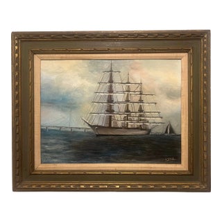 Midcentury, Folk Art Nautical Seascape, Painted on Canvas, Signed For Sale