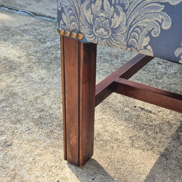 Mid-20th Century Blue Damask Camelback Settee Loveseat Petite Sofa Rolled Arms Nailhead Trim For Sale - Image 11 of 16
