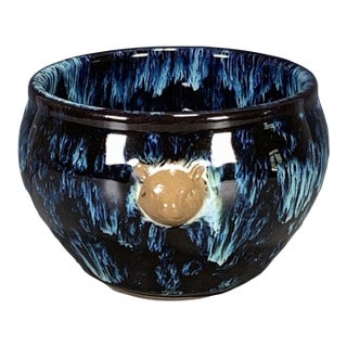 Vintage Flambé Glazed Porcelain Teacup – Blue Splash Effect, Beast-Head Handles For Sale