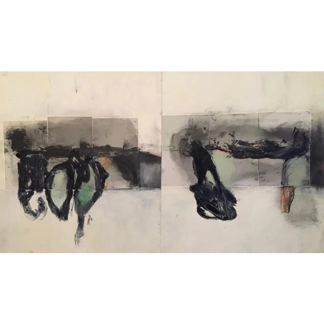 Of the Earth includes collaged squares of paper on the paper surface. The vertical line down the center is a result of two...