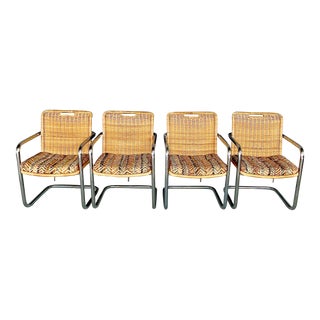 1970’s Harvey Probber Style Wicker and Chrome Dining Chairs - Set of 4 For Sale