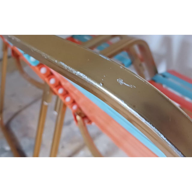 1970s Mid-Century Gold Tone Aluminum Frame Stacking Poolside Strap Chairs - Set of 3 For Sale - Image 5 of 11