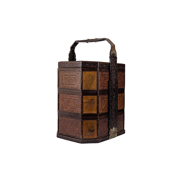 Chinese Antique 3 Three Tiered Wood & Bamboo Rattan Chinese Wedding Basket For Sale - Image 3 of 18