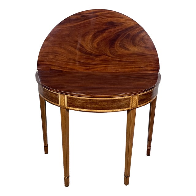 George III - Regency Figured Mahogany and Satinwood Demi Lune Table For Sale