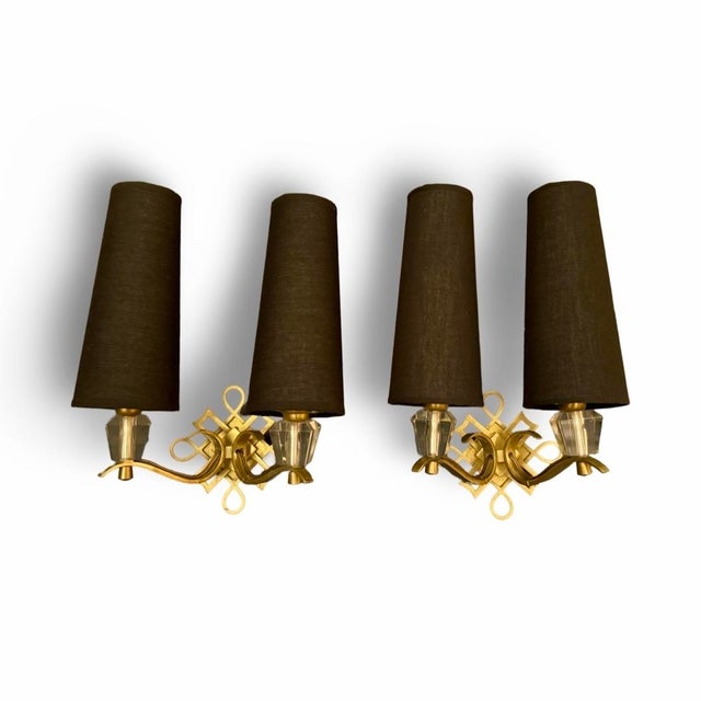Metal Pair of 1950s Vintage Jules Leleu French Art Deco Brass Wall Sconces For Sale - Image 7 of 9