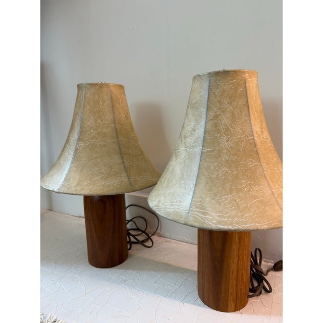 Brown 1950s Pair of Mid Century Turned Teak Lamps With Original Shades For Sale - Image 8 of 8