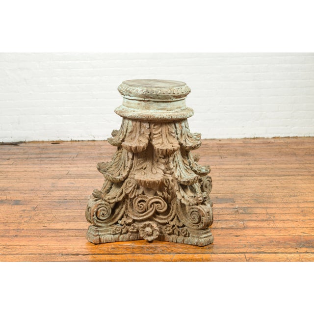 Classical Roman Indian Antique Corinthian Temple Capital Carving with Distressed Patina For Sale - Image 3 of 13