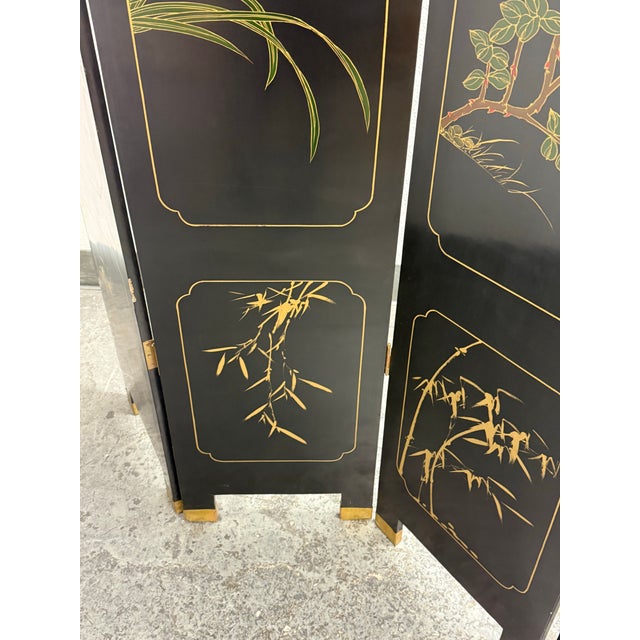 Chinese Black Lacquer Four-Panel Folding Screen + Soapstone Inlay, Vintage For Sale - Image 12 of 12