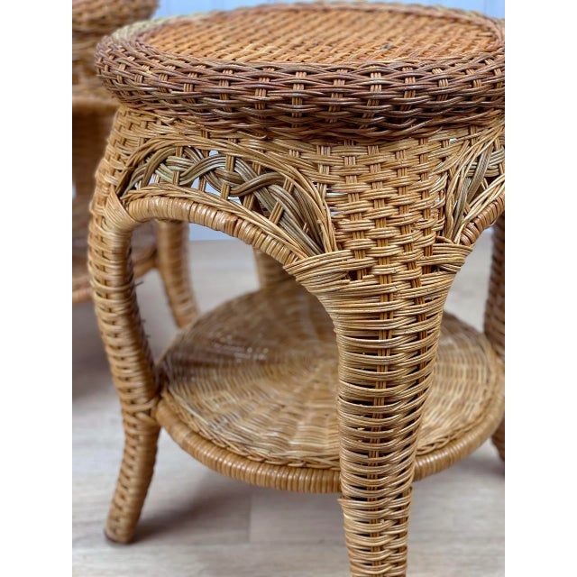Wood Vintage Coastal Boho Natural Wicker Round Plant Stand End Tables - a Pair For Sale - Image 7 of 10