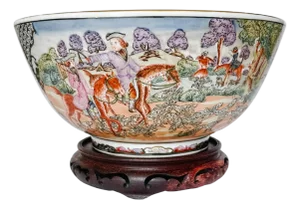 Late 20th Century Chinoiserie Porcelain Fox Hunt Punch Bowl With Carved Wood Stand
