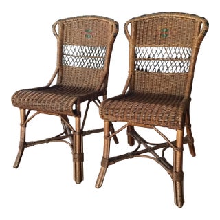 Pair of Vintage Wicker and Bamboo Bistro Chairs For Sale